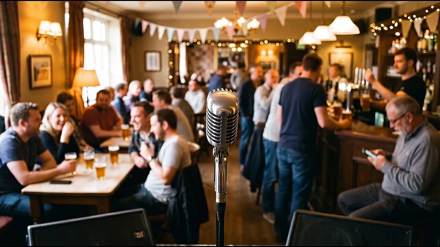 The Snug: a microphone facing a warmly lit virtual pub audience