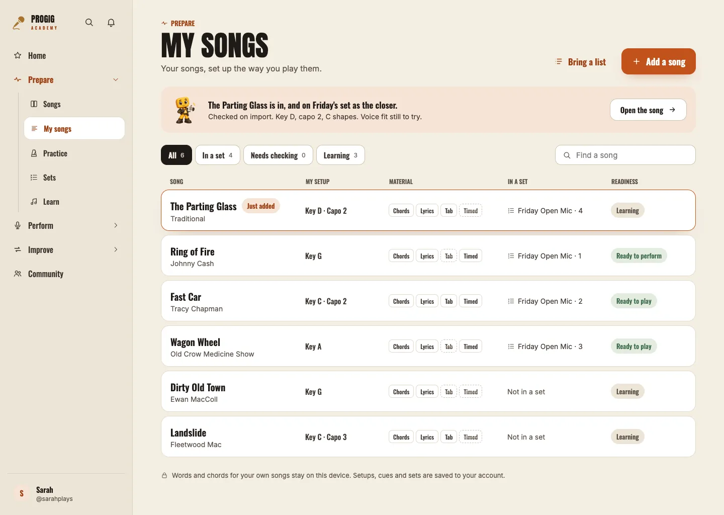 The Songbook showing songs, keys, capos and their place in a set