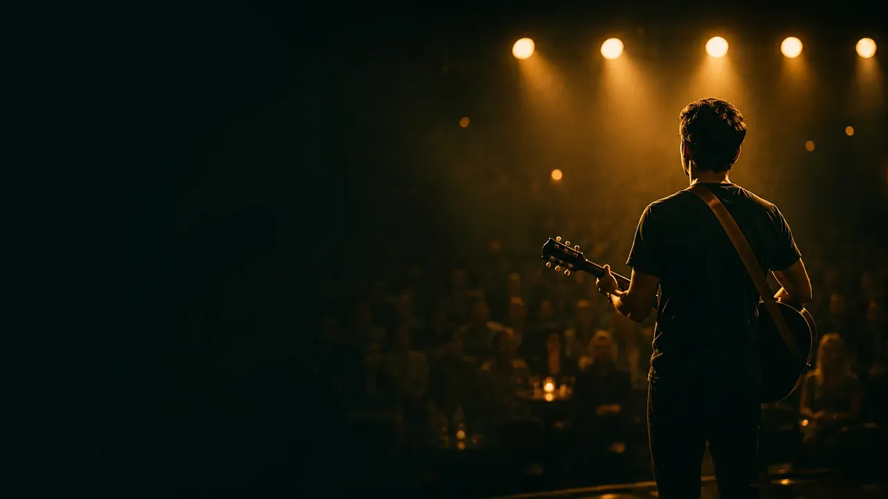 A guitarist on a warmly lit stage, facing the audience